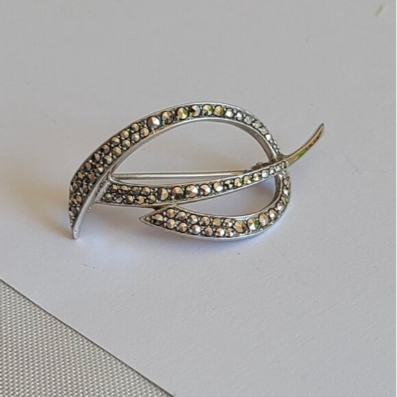 Vintage Boho Art Deco Sterling Silver Marcasite Crystal Brooch - Picture 2 of 5